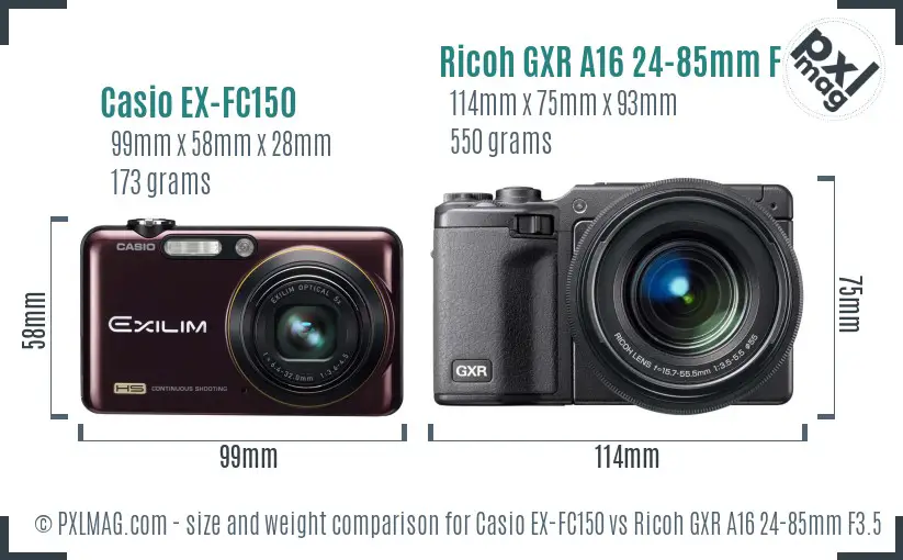 Casio EX-FC150 vs Ricoh GXR A16 24-85mm F3.5-5.5 size comparison