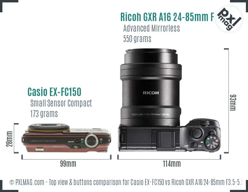 Casio EX-FC150 vs Ricoh GXR A16 24-85mm F3.5-5.5 top view buttons comparison