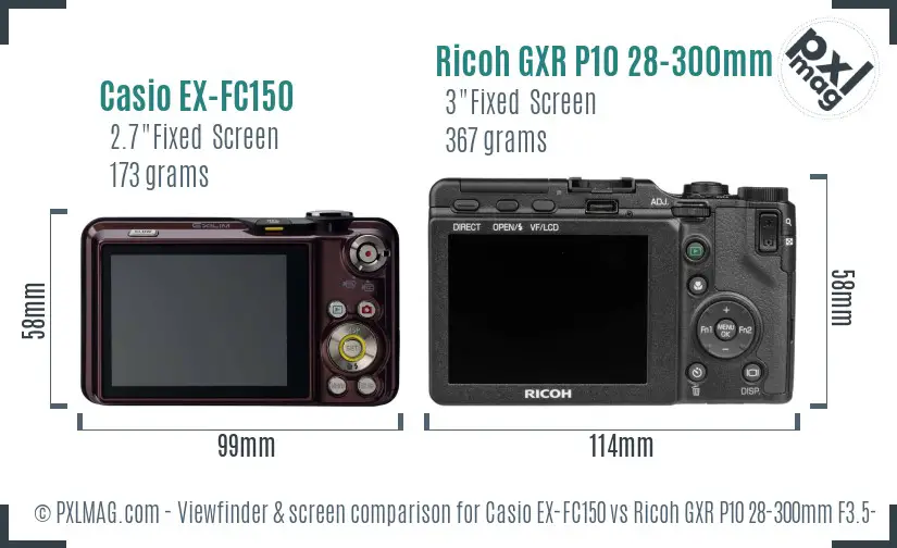 Casio EX-FC150 vs Ricoh GXR P10 28-300mm F3.5-5.6 VC Screen and Viewfinder comparison