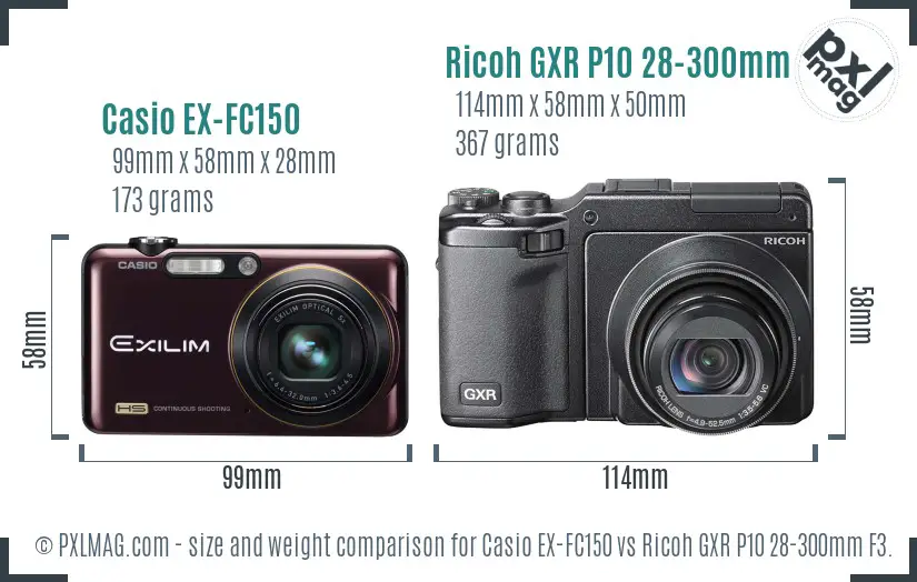 Casio EX-FC150 vs Ricoh GXR P10 28-300mm F3.5-5.6 VC size comparison