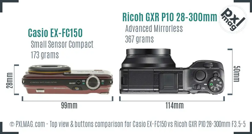 Casio EX-FC150 vs Ricoh GXR P10 28-300mm F3.5-5.6 VC top view buttons comparison