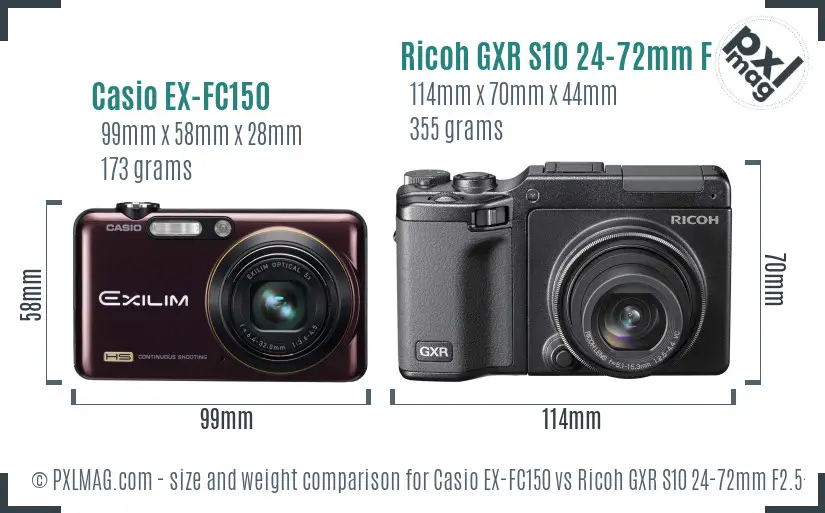 Casio EX-FC150 vs Ricoh GXR S10 24-72mm F2.5-4.4 VC size comparison Casio EX-FC150 vs Ricoh GXR S10 24-72mm F2.5-4.4 VC size comparison