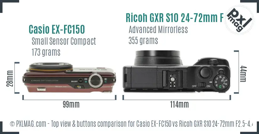 Casio EX-FC150 vs Ricoh GXR S10 24-72mm F2.5-4.4 VC top view buttons comparison Casio EX-FC150 vs Ricoh GXR S10 24-72mm F2.5-4.4 VC top view buttons comparison