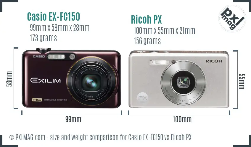 Casio EX-FC150 vs Ricoh PX size comparison