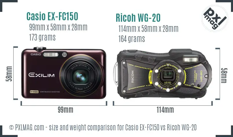 Casio EX-FC150 vs Ricoh WG-20 size comparison