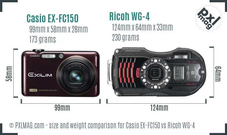 Casio EX-FC150 vs Ricoh WG-4 size comparison