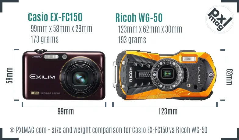 Casio EX-FC150 vs Ricoh WG-50 size comparison