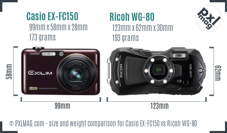 Casio EX-FC150 vs Ricoh WG-80 size comparison