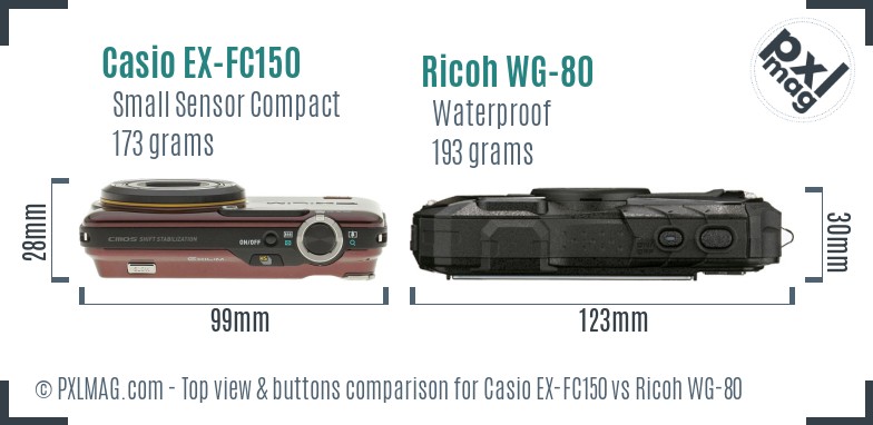 Casio EX-FC150 vs Ricoh WG-80 top view buttons comparison
