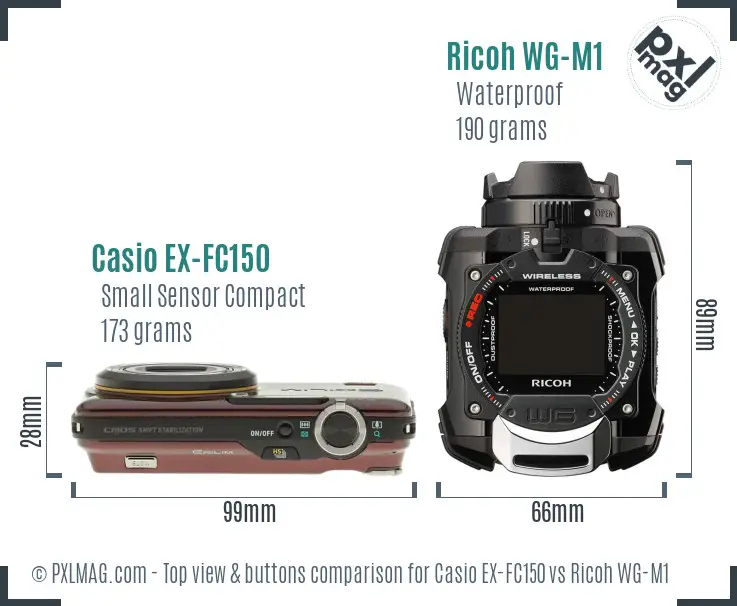 Casio EX-FC150 vs Ricoh WG-M1 top view buttons comparison
