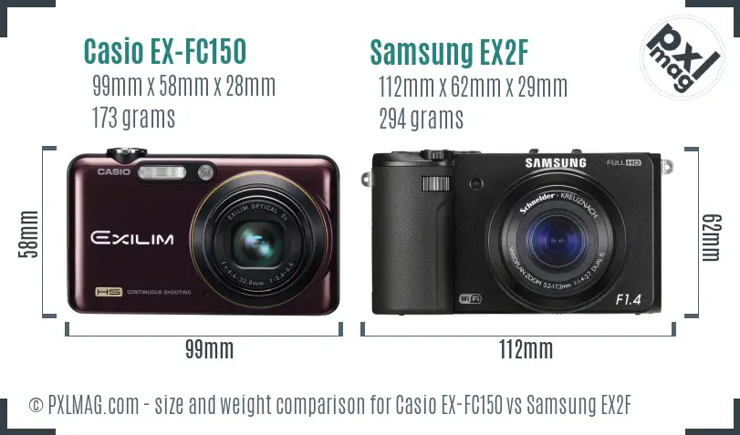 Casio EX-FC150 vs Samsung EX2F size comparison