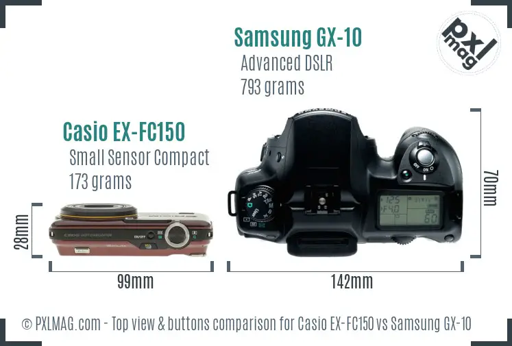 Casio EX-FC150 vs Samsung GX-10 top view buttons comparison Casio EX-FC150 vs Samsung GX-10 top view buttons comparison