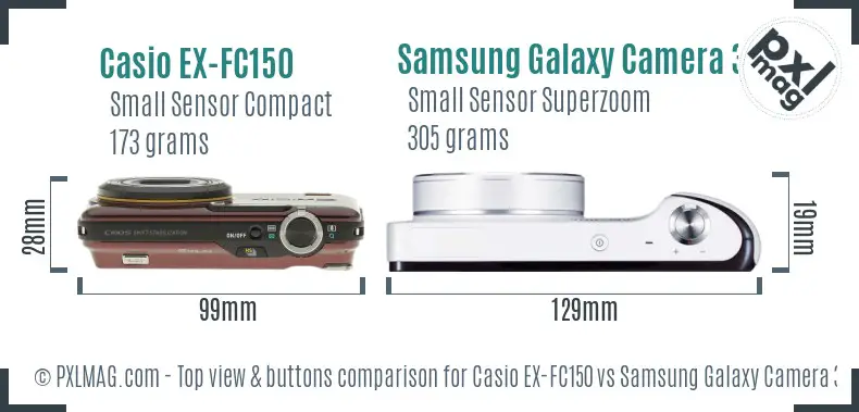 Casio EX-FC150 vs Samsung Galaxy Camera 3G top view buttons comparison Casio EX-FC150 vs Samsung Galaxy Camera 3G top view buttons comparison