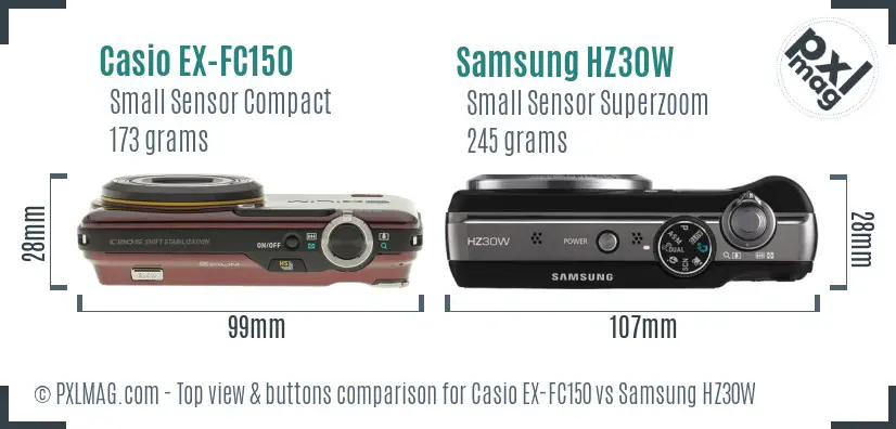 Casio EX-FC150 vs Samsung HZ30W top view buttons comparison Casio EX-FC150 vs Samsung HZ30W top view buttons comparison