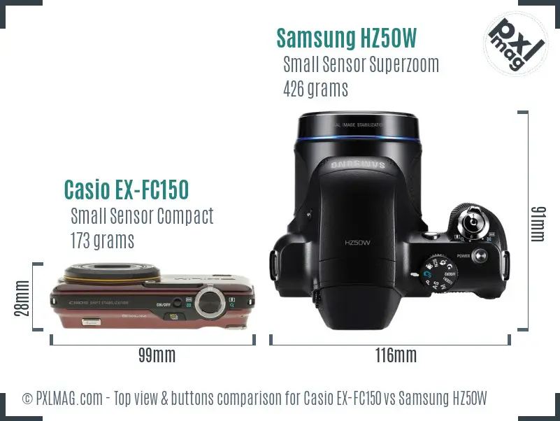 Casio EX-FC150 vs Samsung HZ50W top view buttons comparison Casio EX-FC150 vs Samsung HZ50W top view buttons comparison