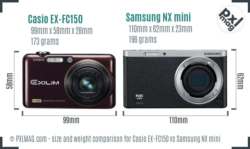 Casio EX-FC150 vs Samsung NX mini size comparison