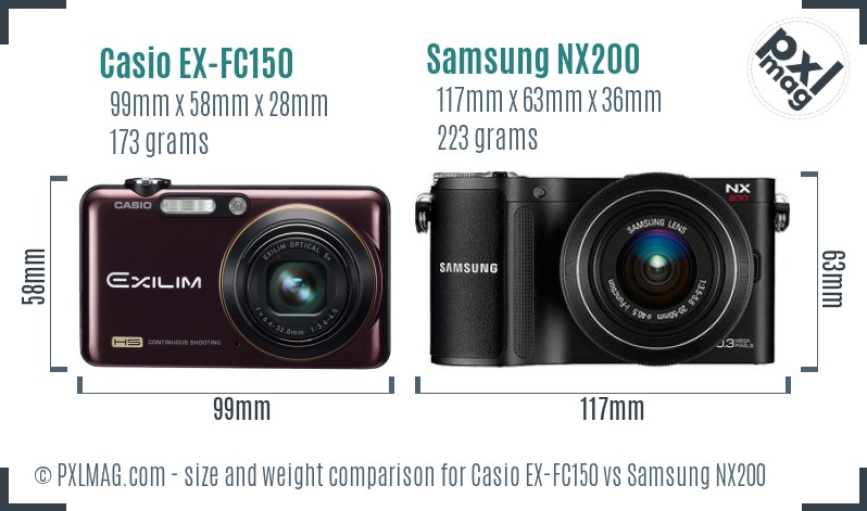 Casio EX-FC150 vs Samsung NX200 size comparison