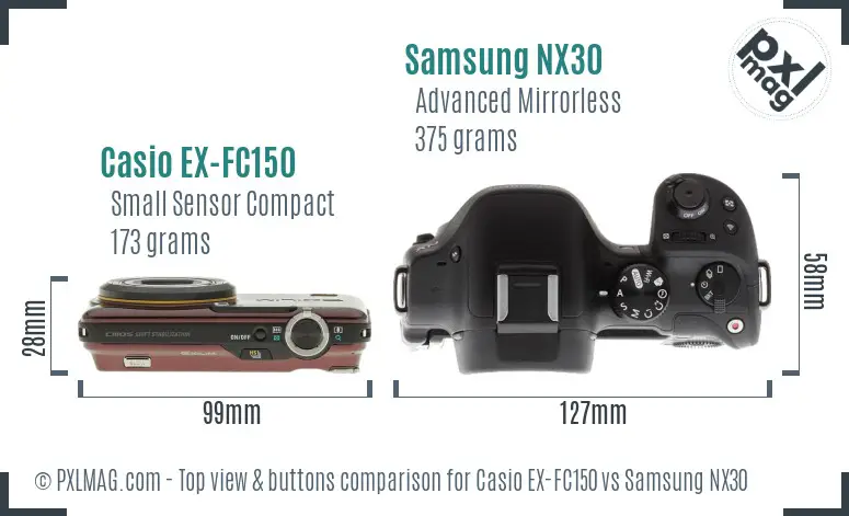 Casio EX-FC150 vs Samsung NX30 top view buttons comparison Casio EX-FC150 vs Samsung NX30 top view buttons comparison