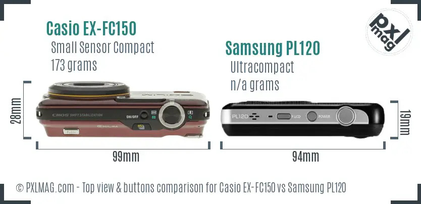 Casio EX-FC150 vs Samsung PL120 top view buttons comparison Casio EX-FC150 vs Samsung PL120 top view buttons comparison