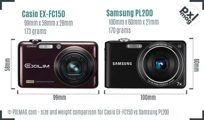 Casio EX-FC150 vs Samsung PL200 size comparison