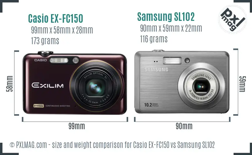 Casio EX-FC150 vs Samsung SL102 size comparison