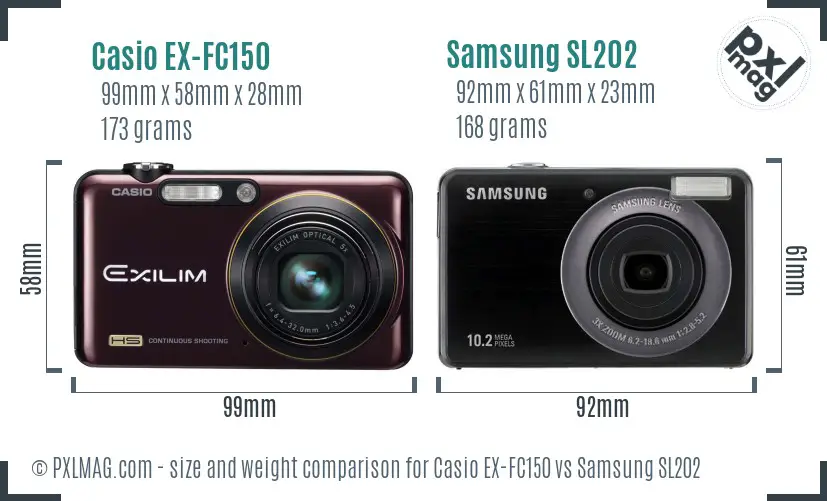 Casio EX-FC150 vs Samsung SL202 size comparison