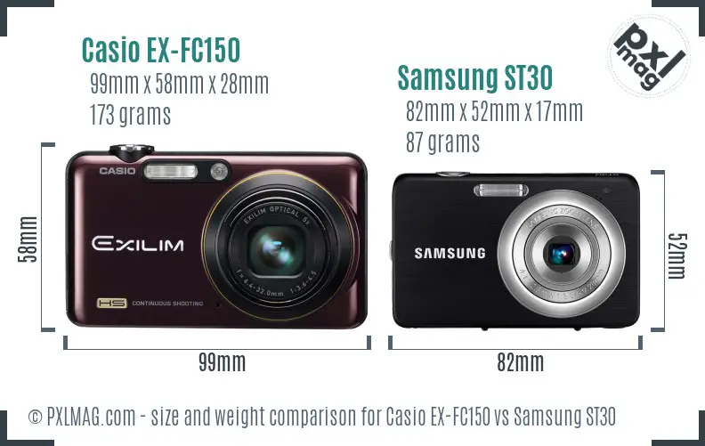 Casio EX-FC150 vs Samsung ST30 size comparison