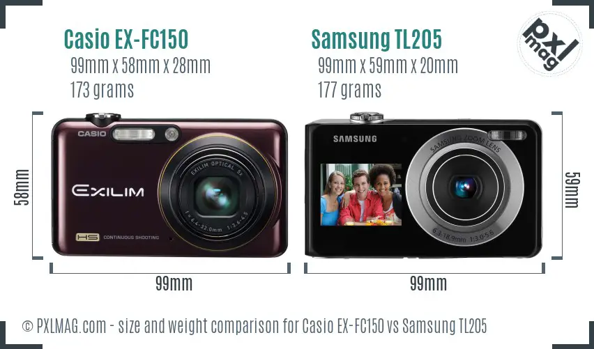 Casio EX-FC150 vs Samsung TL205 size comparison