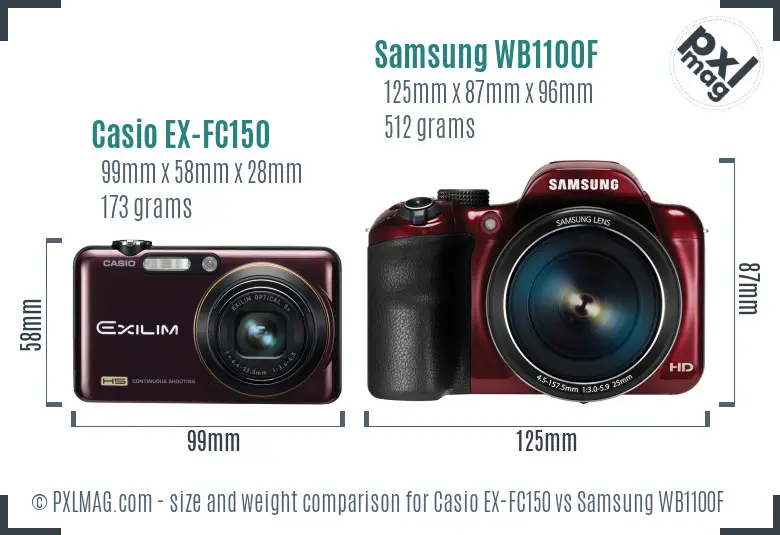 Casio EX-FC150 vs Samsung WB1100F size comparison