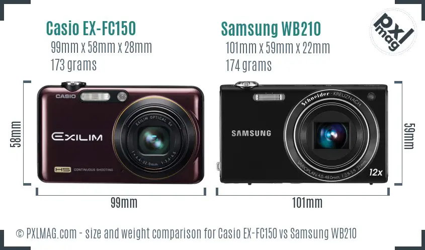 Casio EX-FC150 vs Samsung WB210 size comparison