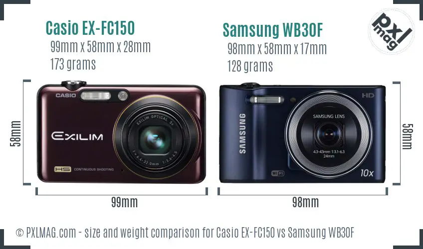 Casio EX-FC150 vs Samsung WB30F size comparison
