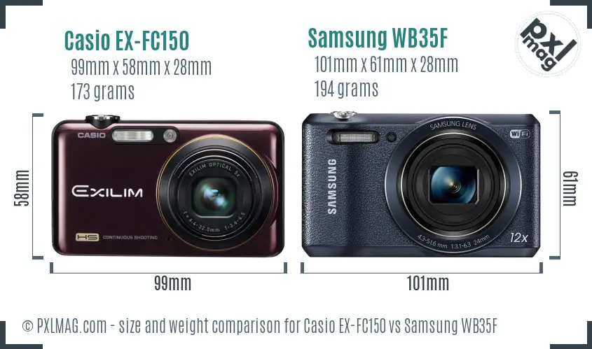 Casio EX-FC150 vs Samsung WB35F size comparison