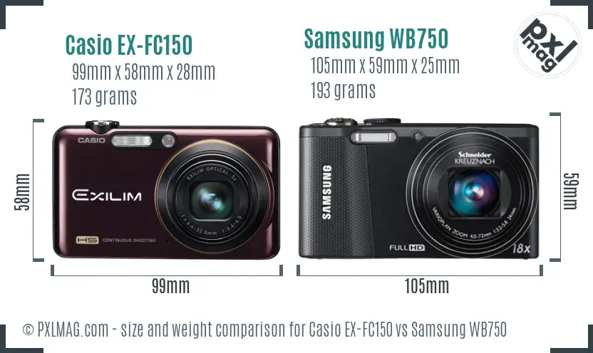 Casio EX-FC150 vs Samsung WB750 size comparison