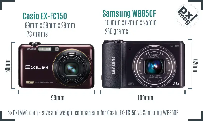 Casio EX-FC150 vs Samsung WB850F size comparison