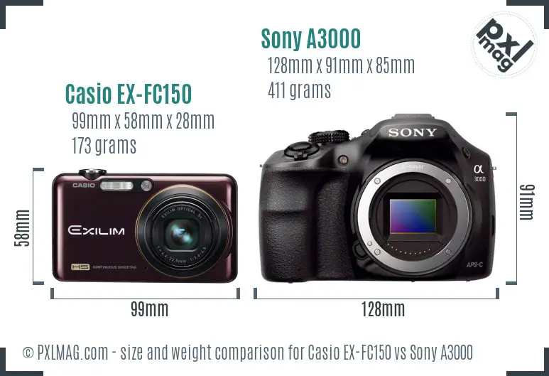Casio EX-FC150 vs Sony A3000 size comparison