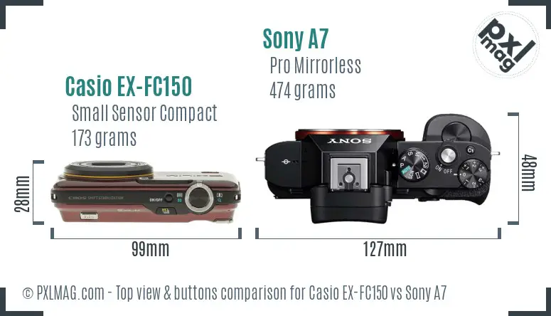 Casio EX-FC150 vs Sony A7 top view buttons comparison