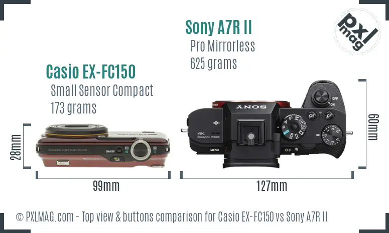 Casio EX-FC150 vs Sony A7R II top view buttons comparison