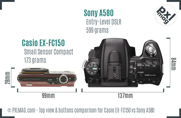 Casio EX-FC150 vs Sony A580 top view buttons comparison Casio EX-FC150 vs Sony A580 top view buttons comparison