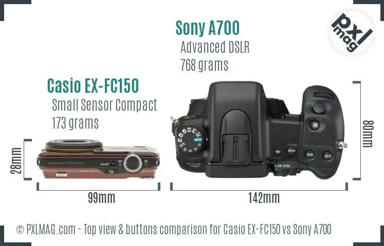 Casio EX-FC150 vs Sony A700 top view buttons comparison Casio EX-FC150 vs Sony A700 top view buttons comparison