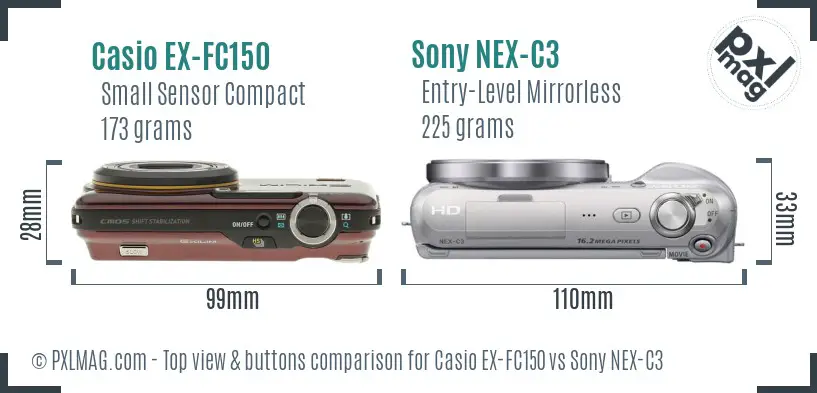 Casio EX-FC150 vs Sony NEX-C3 top view buttons comparison Casio EX-FC150 vs Sony NEX-C3 top view buttons comparison