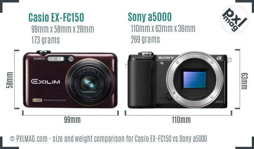 Casio EX-FC150 vs Sony a5000 size comparison