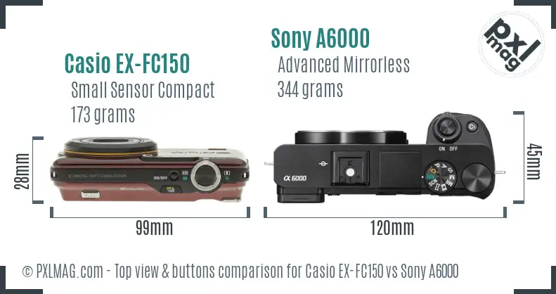 Casio EX-FC150 vs Sony A6000 top view buttons comparison Casio EX-FC150 vs Sony A6000 top view buttons comparison