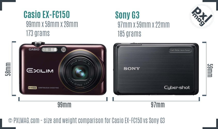 Casio EX-FC150 vs Sony G3 size comparison