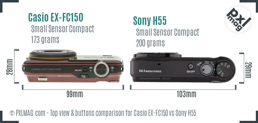 Casio EX-FC150 vs Sony H55 top view buttons comparison Casio EX-FC150 vs Sony H55 top view buttons comparison