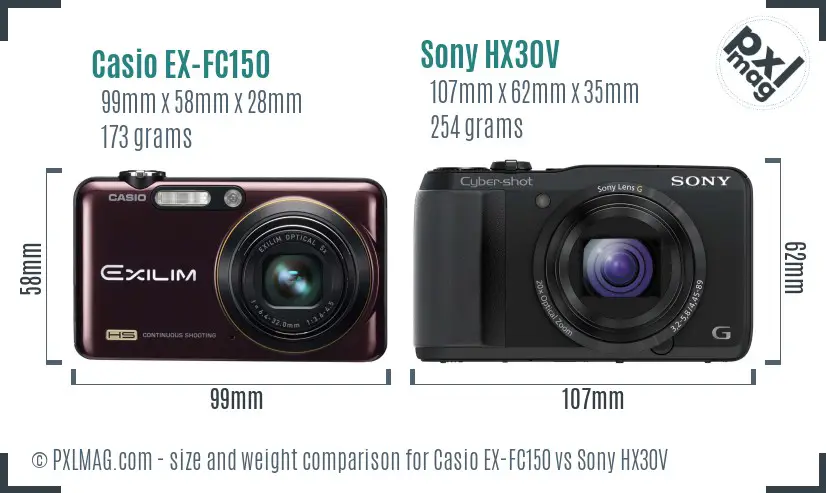 Casio EX-FC150 vs Sony HX30V size comparison