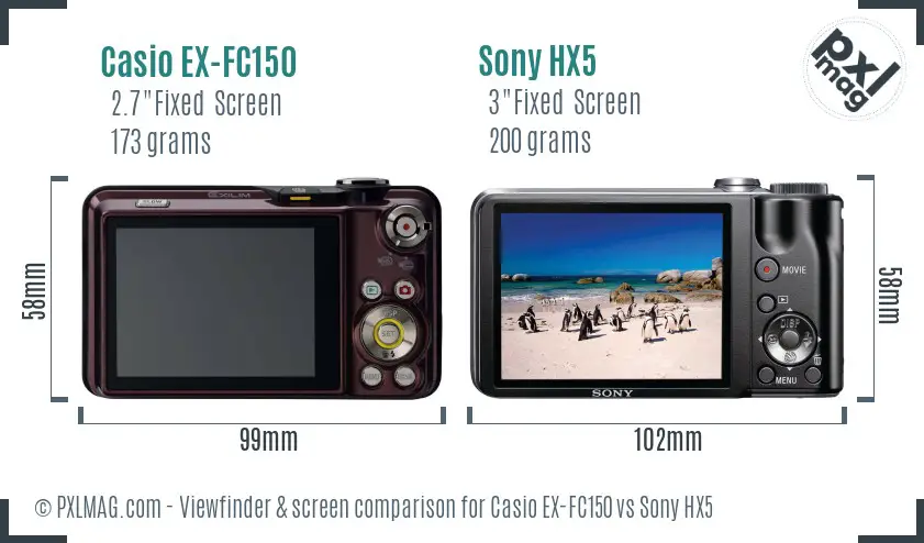 Casio EX-FC150 vs Sony HX5 Screen and Viewfinder comparison