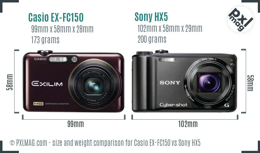 Casio EX-FC150 vs Sony HX5 size comparison