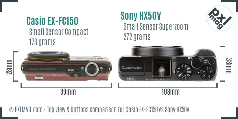 Casio EX-FC150 vs Sony HX50V top view buttons comparison Casio EX-FC150 vs Sony HX50V top view buttons comparison