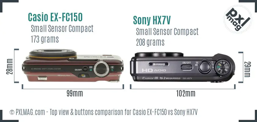 Casio EX-FC150 vs Sony HX7V top view buttons comparison Casio EX-FC150 vs Sony HX7V top view buttons comparison