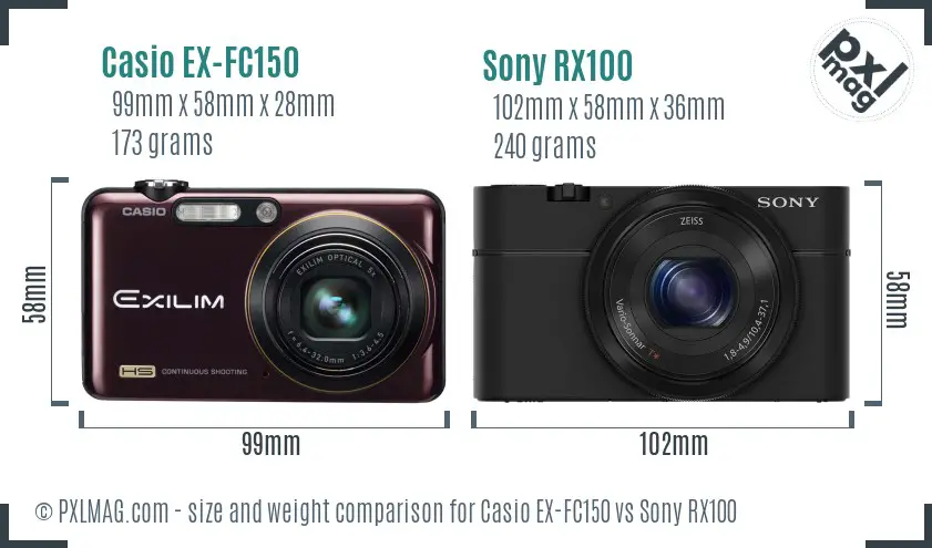 Casio EX-FC150 vs Sony RX100 size comparison